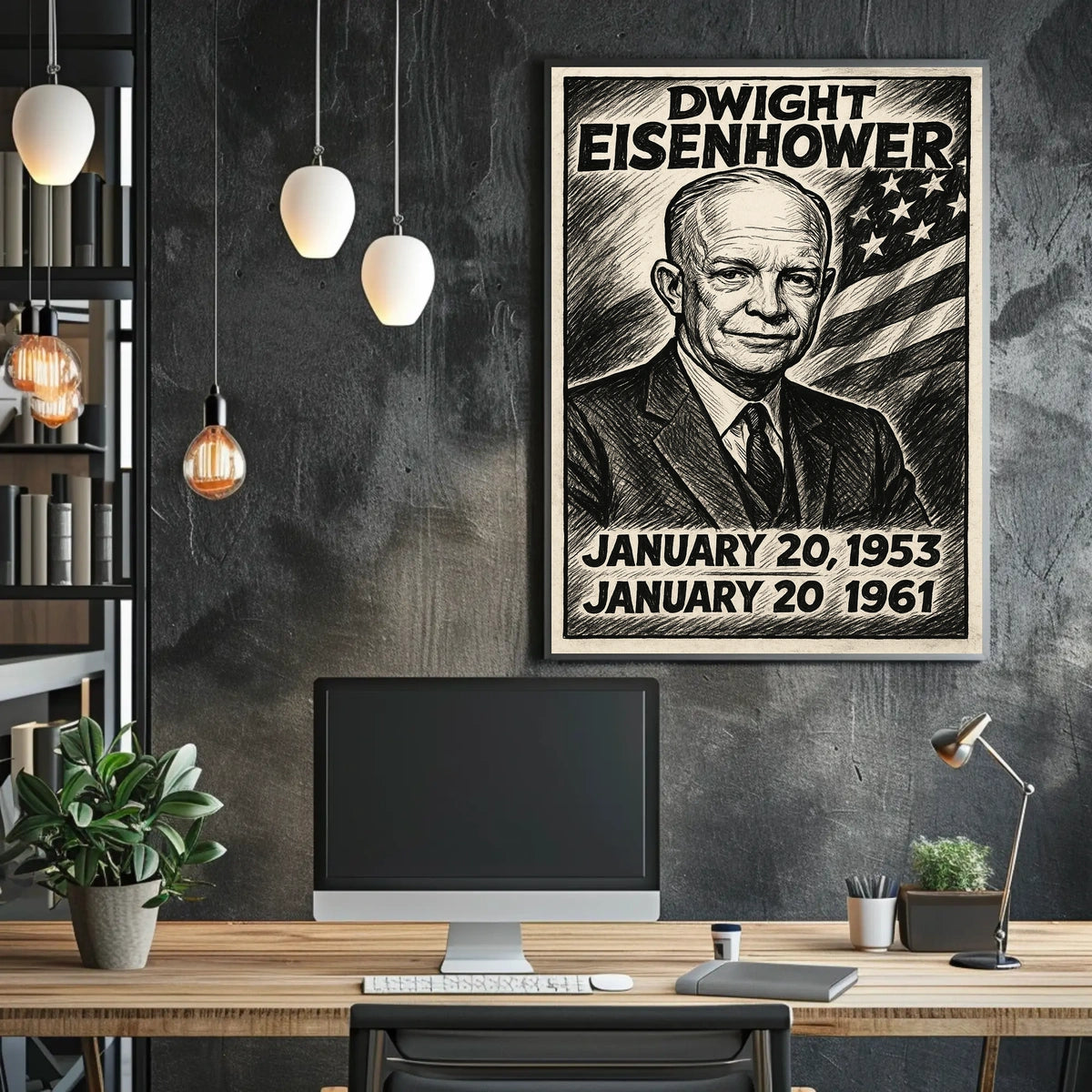 Dwight D. Eisenhower 34th President of the United States B & W Comic Sketch Poster