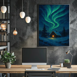 Northern Lights Over A Winter Cabin Poster
