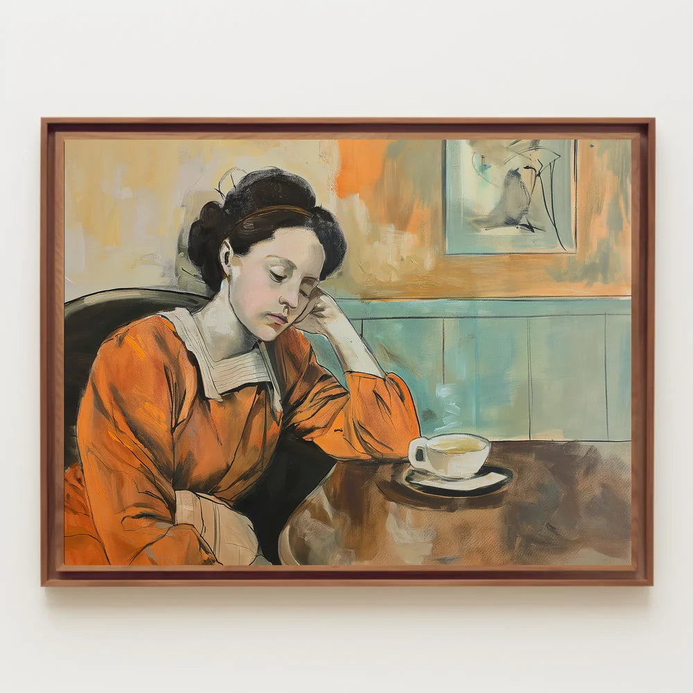 Contemplative Woman in Orange Dress Art Poster