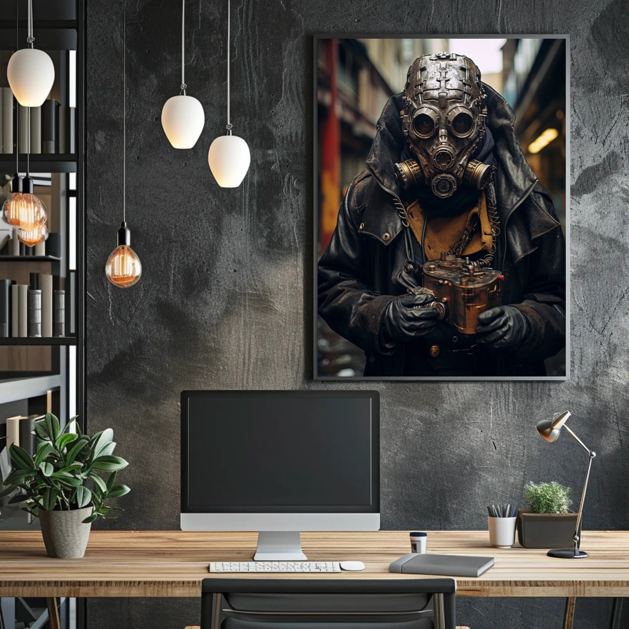 Dystopian Steampunk Survival Poster: Gritty, Mechanical, Urban Atmosphere