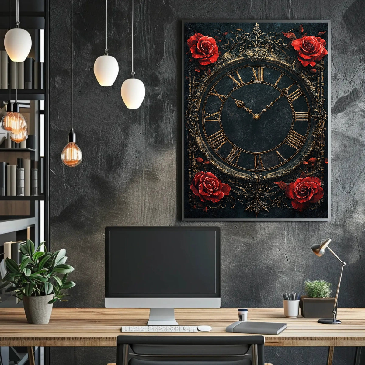 Vintage Roman Clock with Roses Artistic Poster