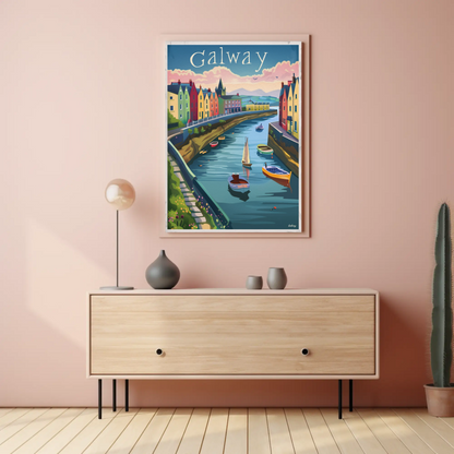 Galway Harbor Boats Colorful Sunset Travel Poster