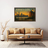 Jersey City Skyline Sunset Travel Poster