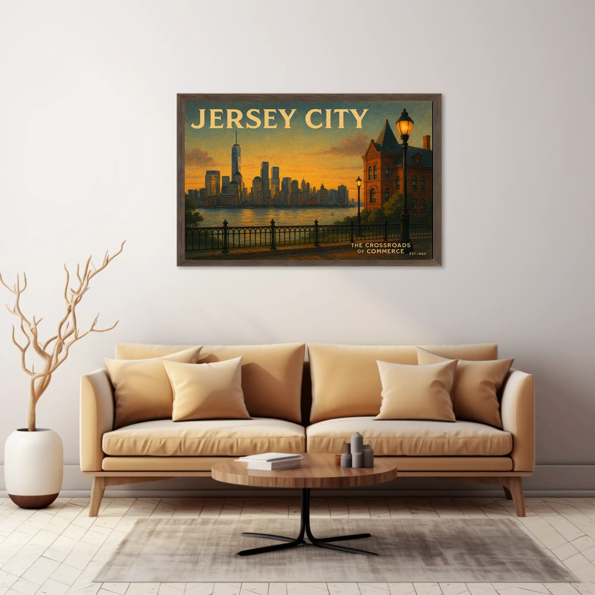 Jersey City Skyline Sunset Travel Poster