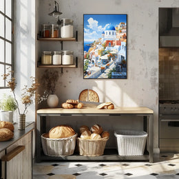 Santorini White and Blue Coastal Scene Travel Poster