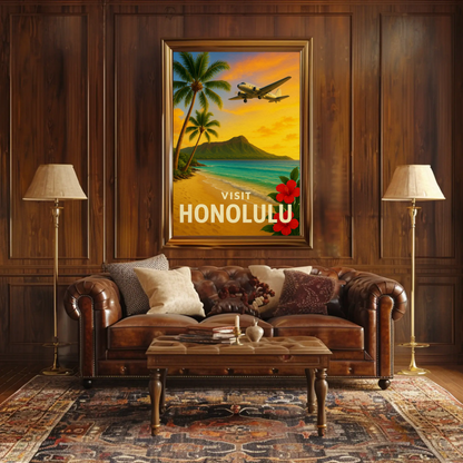 Visit Honolulu Hawaii Vintage Plane Palm Beach Travel Poster