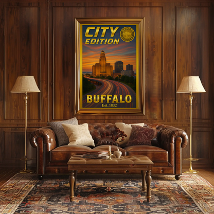 Buffalo New York Skyline Highway Sunset Poster Poster
