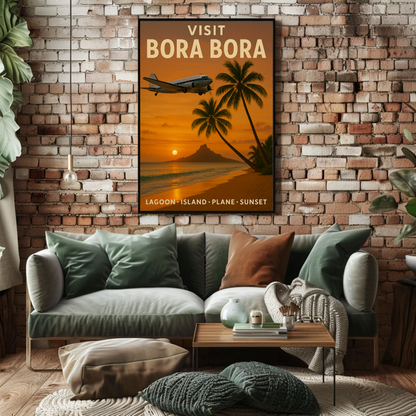 Visit Bora Bora Tropical Getaway Plane Ocean Travel Poster