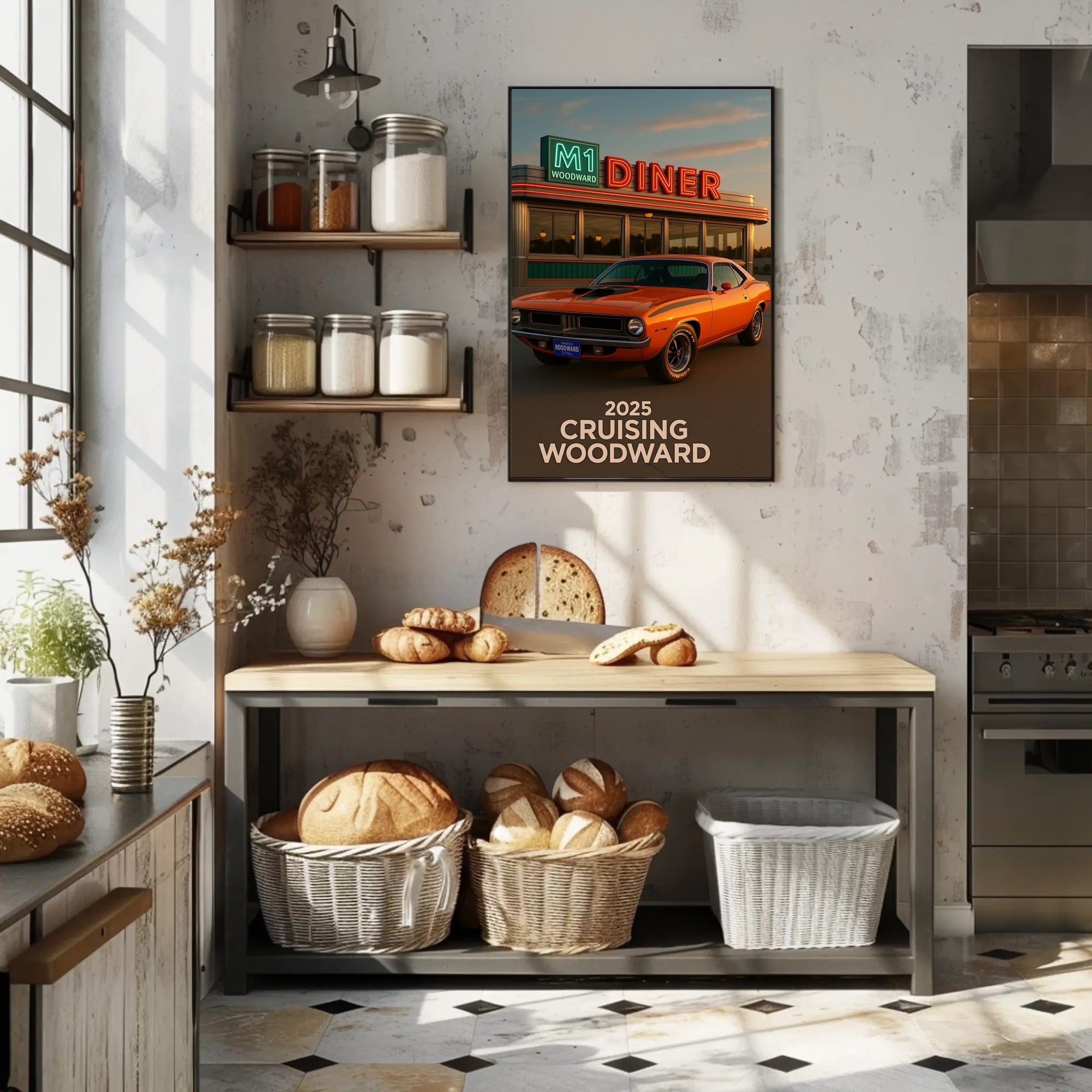 Classic Muscle Car and Diner Scene Retro Travel Poster