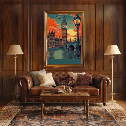Big Ben London Sunset River Bridge Travel Poster