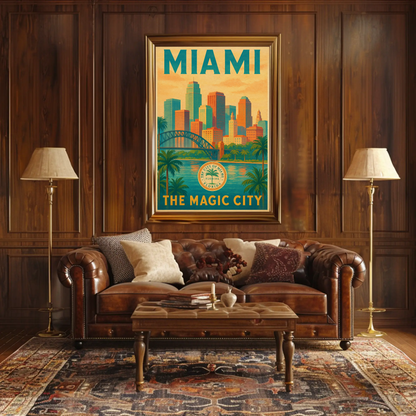 Miami Magic City Vintage Skyline Travel Poster