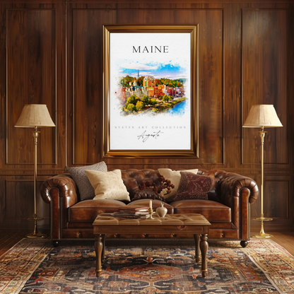 Maine Augusta Skyline Watercolor States Collection Poster