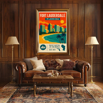 Fort Lauderdale Florida Skyline Palms Sunset Travel Poster