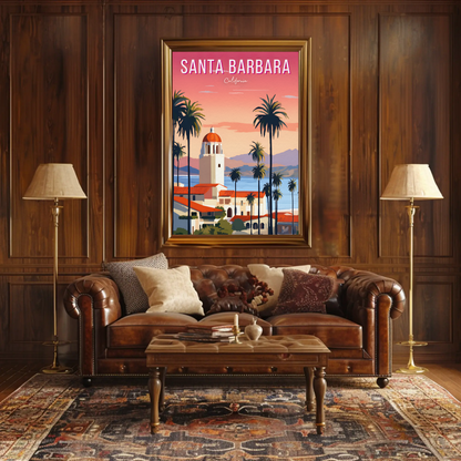 Santa Barbara California Palm Coast Sunset Travel Poster