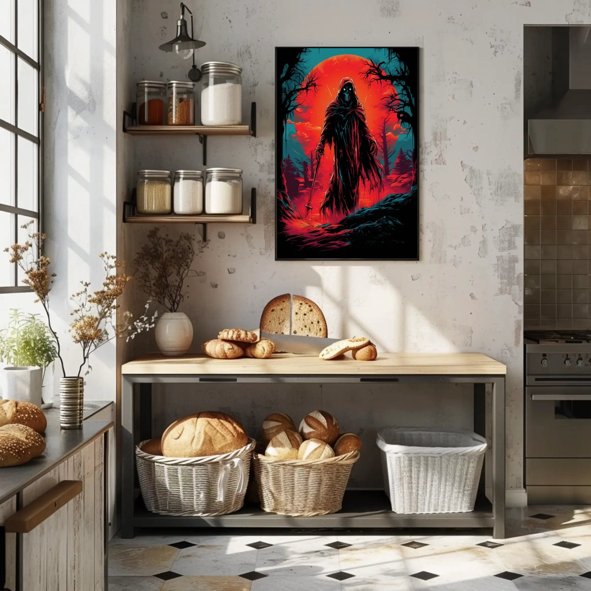 Grim Reaper Apocalyptic Landscape Poster: Vivid Graphic Art