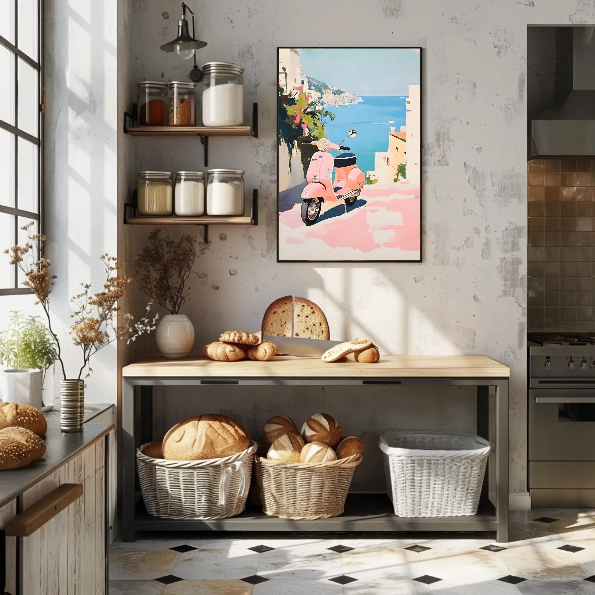 Vespa Coastal Poster Vintage Pastel Travel Wall Art