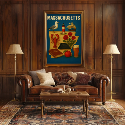 Massachusetts Symbols Map Lobster Ship Hat Poster