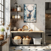 Deer With Antlers Adorned In Blue And Red Garland Poster