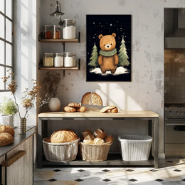 Whimsical Bear Winter Night Scene Art Poster