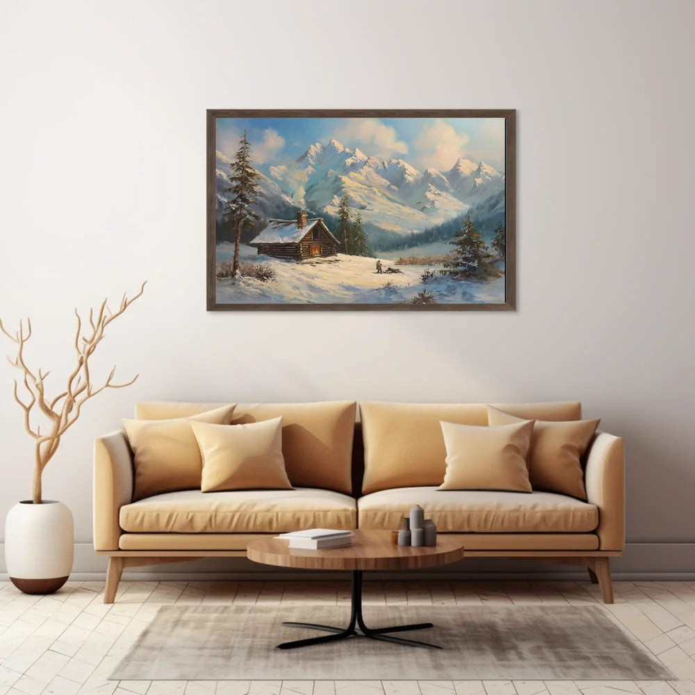 Winter Cabin Retreat: Serene Landscape Art Print