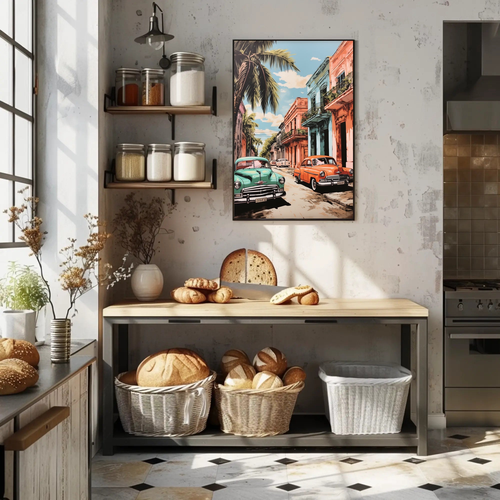 Vintage Cars In A Tropical Street Poster