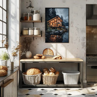 Modern Mountain Retreat in Snowy Forest Poster