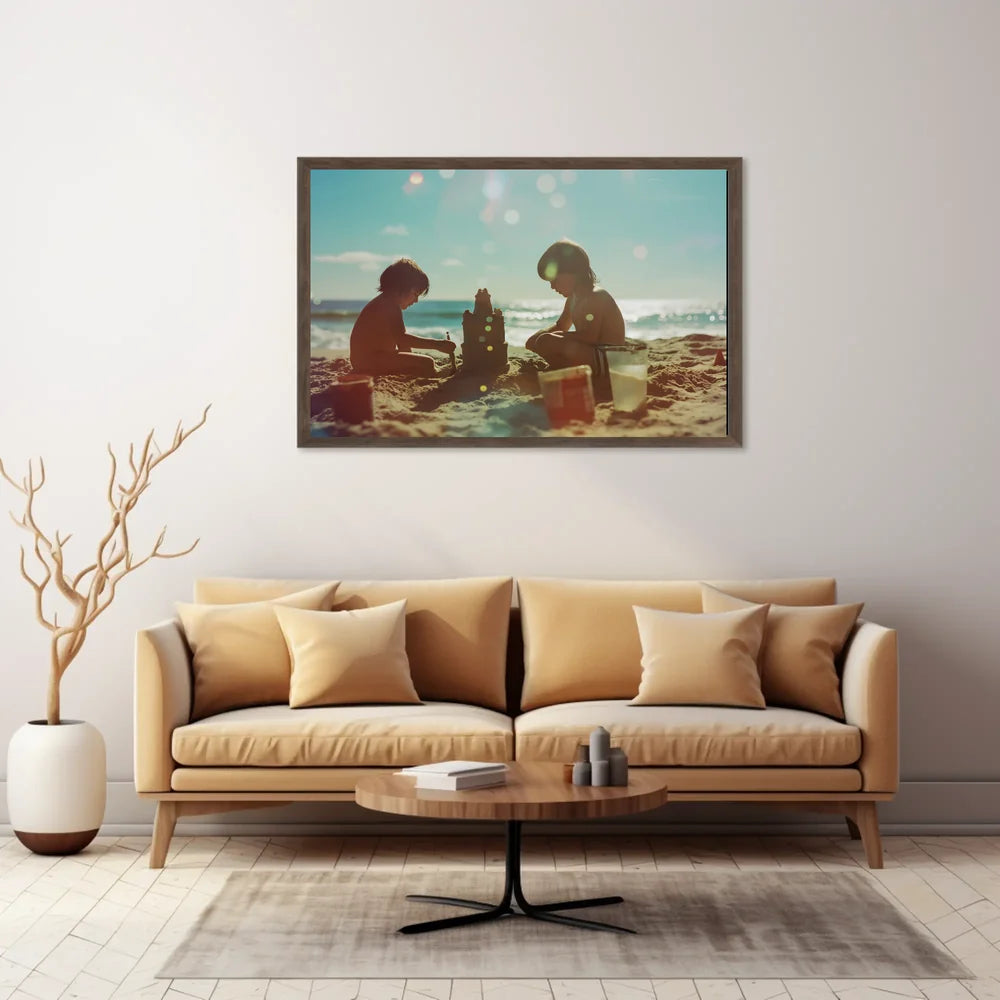Serene Beach Scene: Children Building Sandcastle Poster