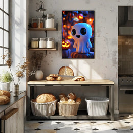 Cute Ghost with Pumpkins: Vibrant Halloween Pop Culture Poster