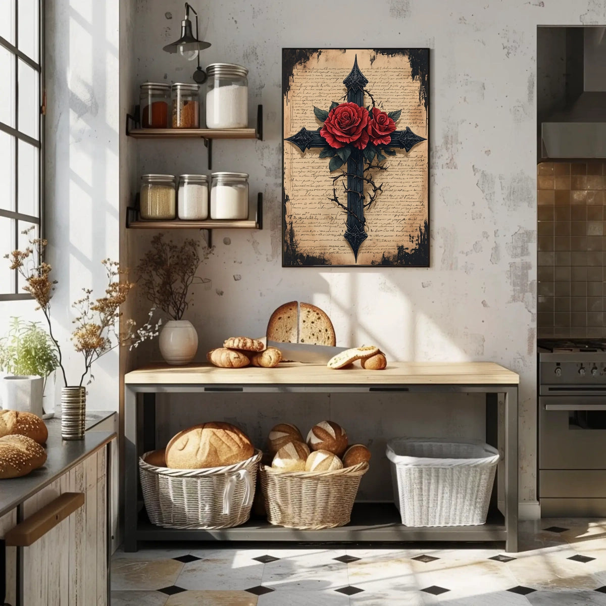 Gothic Cross with Red Roses Artistic Wall Decor Poster
