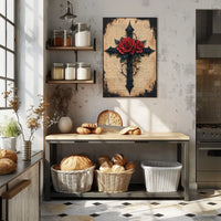 Gothic Cross with Red Roses Artistic Wall Decor Poster