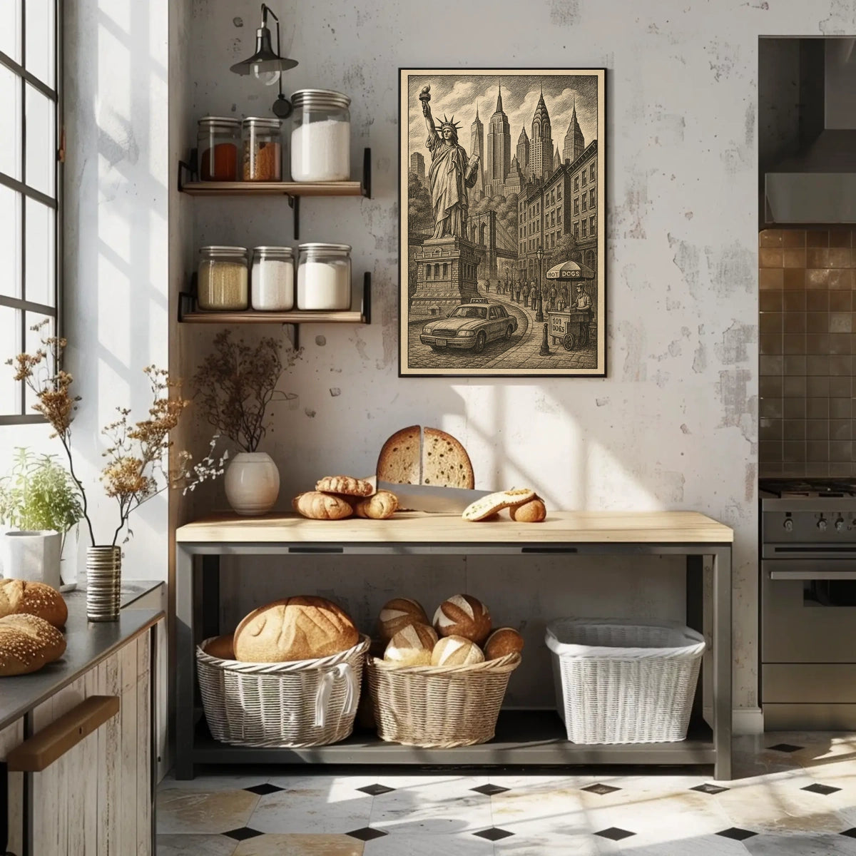 New York City Liberty Skyscrapers Poster Vintage Wall Art