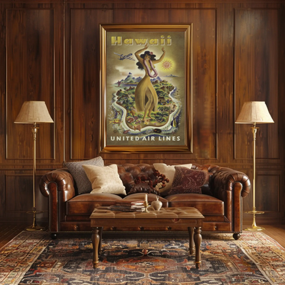 Hawaii Airlines Hula Girl Island Map Poster