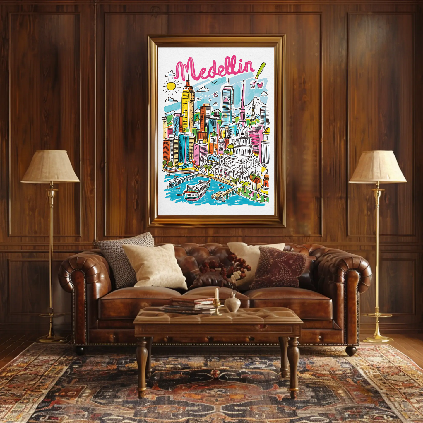 Medellin Colombia Colorful Cityscape and Mountains Travel Poster