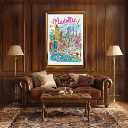Medellin Colombia Colorful Cityscape and Mountains Travel Poster