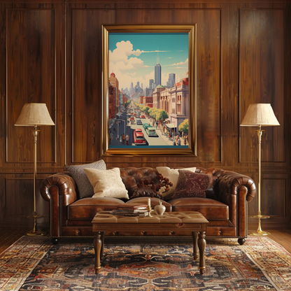 Melbourne Cityscape Vintage Skyline Street Travel Poster
