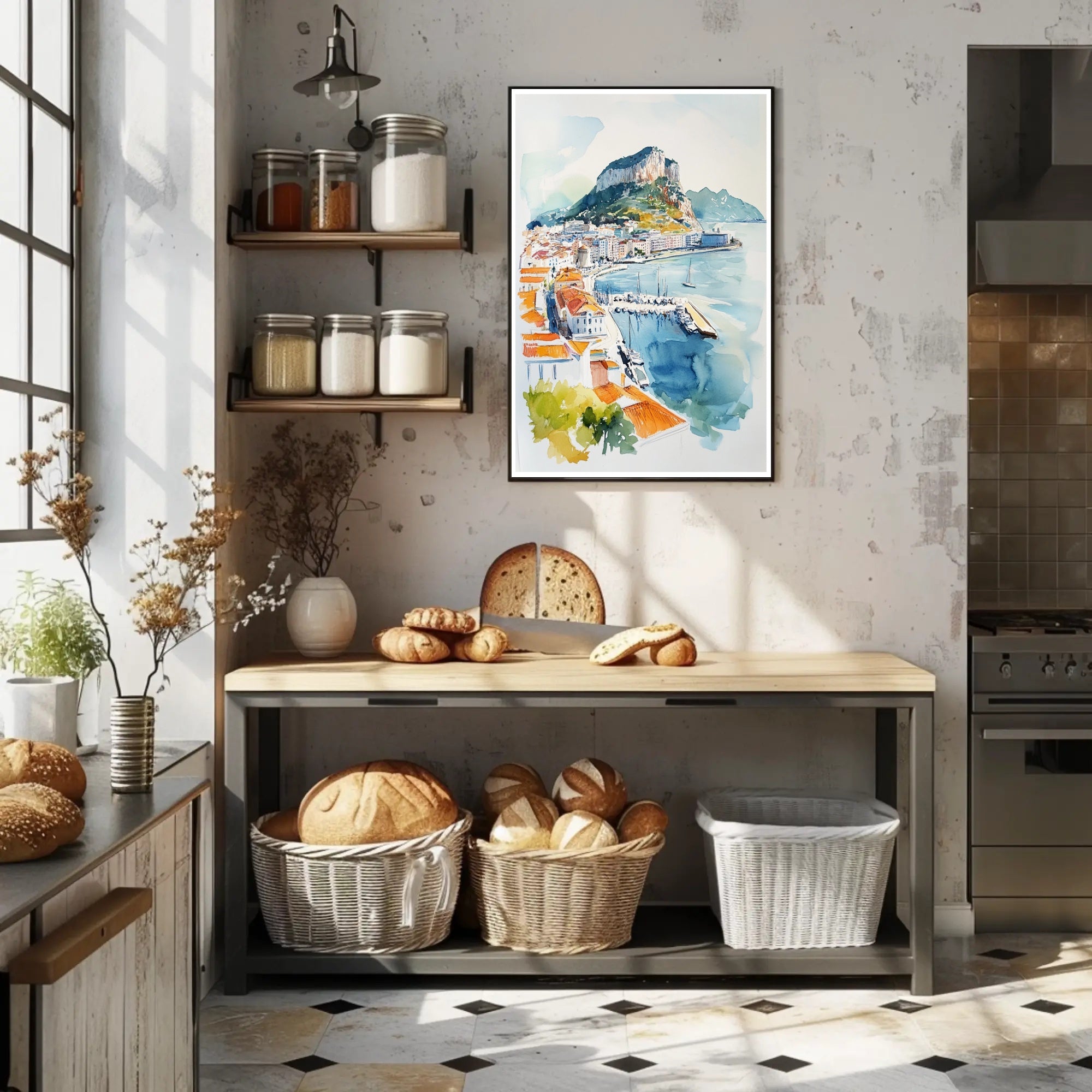 Coastal Cityscape Watercolor Poster PosterGoat