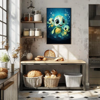 Adorable Sea Turtles Underwater Cartoon Poster Print