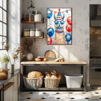 Playful watercolor of a llama wearing a stars and stripes hat and sunglasses standing in front of bunting and balloons in red white and blue Poster