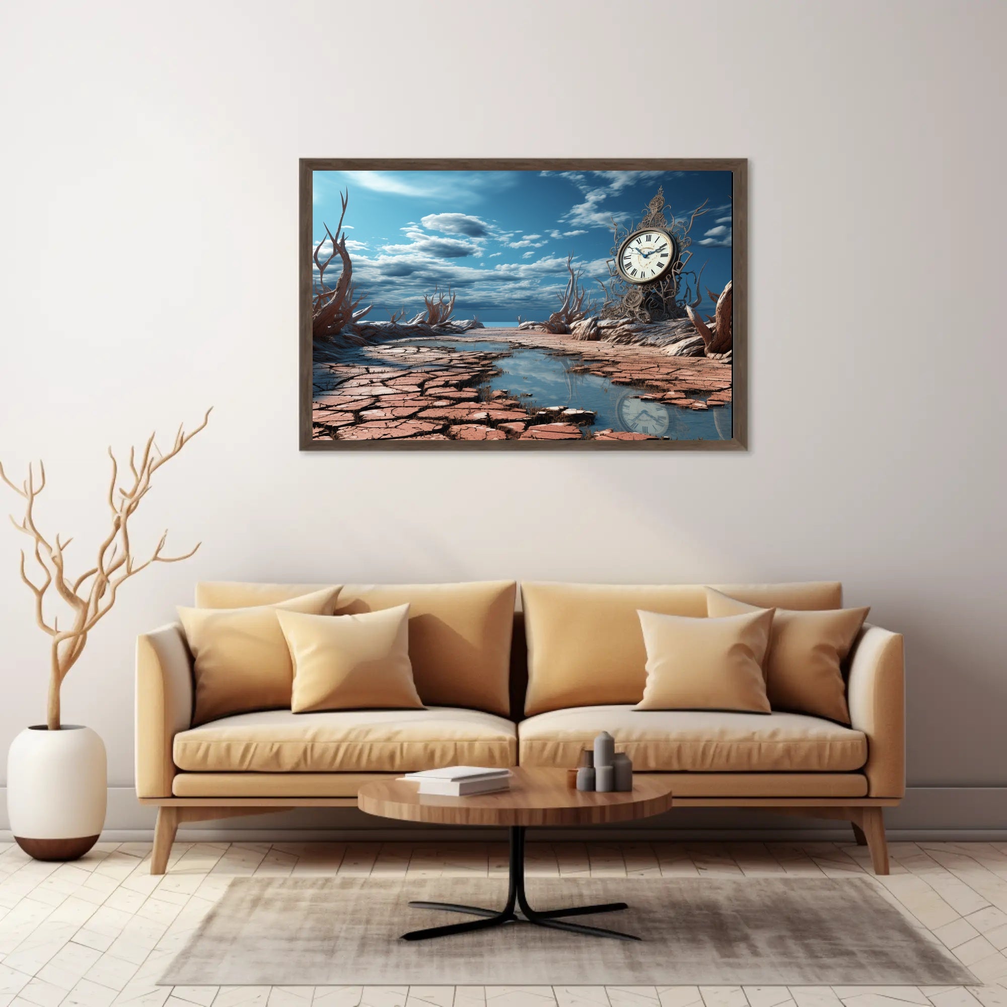 Surrealistic Timepiece in Arid Dreamscape Artistic Poster