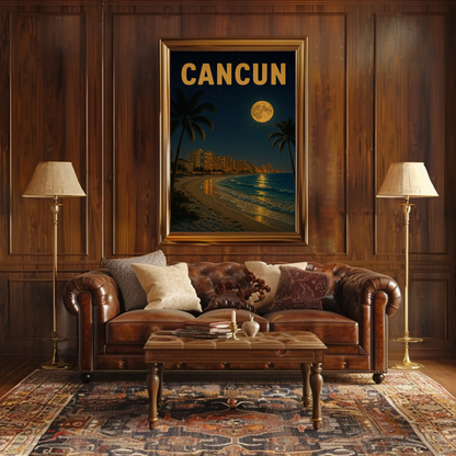 Cancun Beachfront Skyline Moonlight Travel Poster