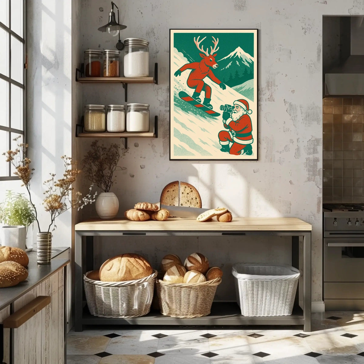 Whimsical Reindeer Snowboarding Vintage Holiday Poster