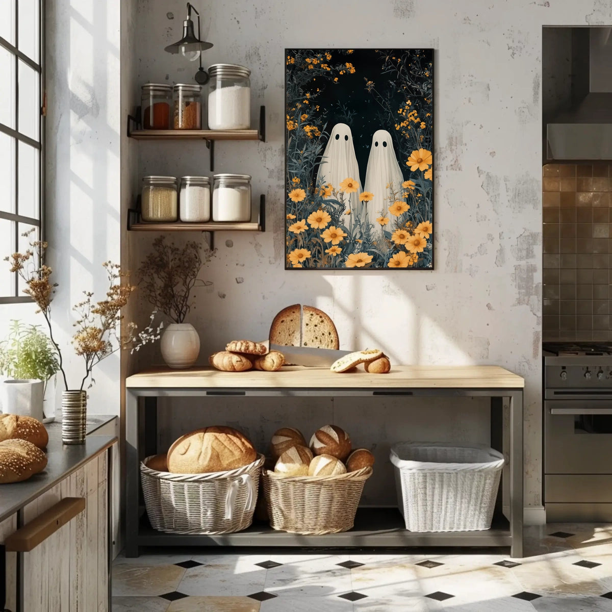 Ghostly Figures Surreal Whimsical Flowers Poster