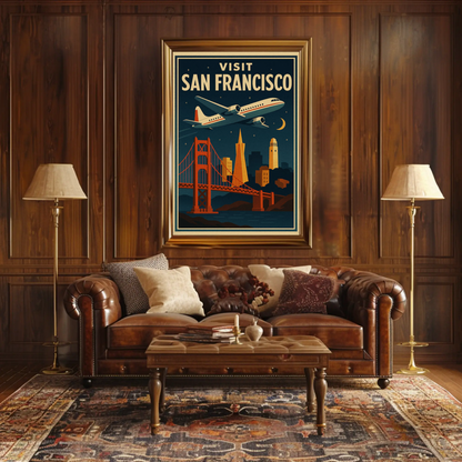 Visit San Francisco Night Flight Bridge City Travel Poster