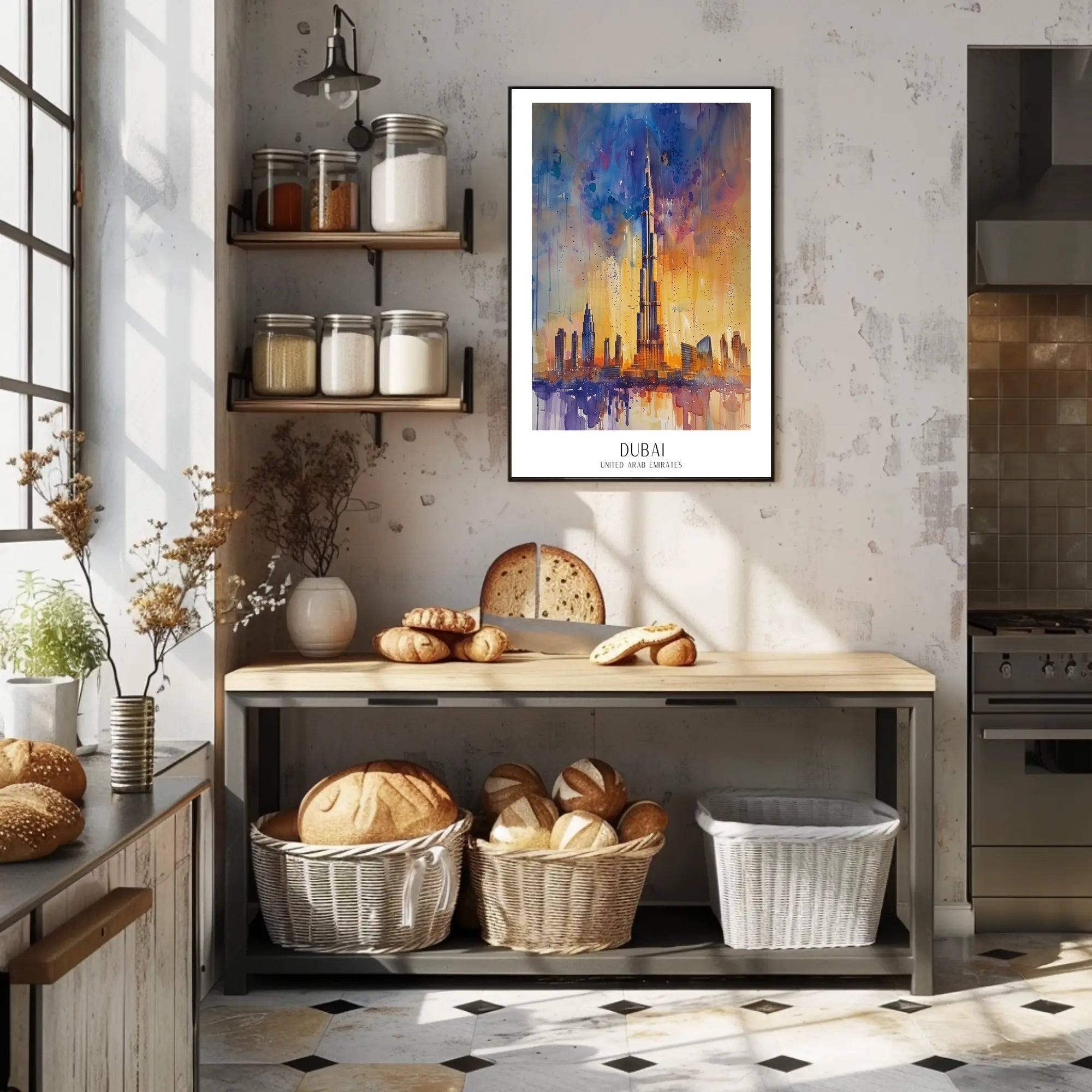 Dubai Skyline Modern Abstract Watercolor Urban or Cityscape Poster PosterGoat