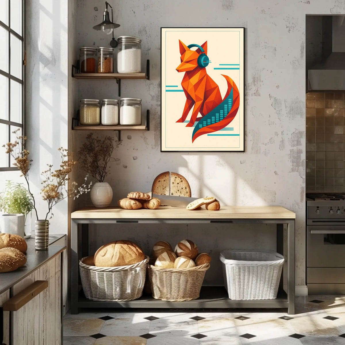 Geometric Fox With Headphones Poster