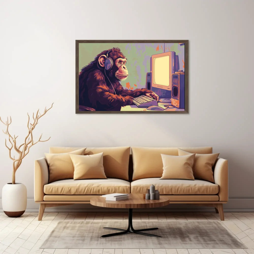 Chimpanzee with Headphones Retro Computer Poster