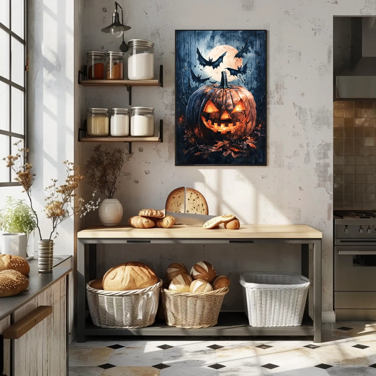 Halloween Night Jack-o'-Lantern and Bats Cultural Poster