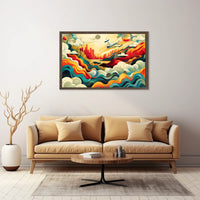 The poster features a vibrant and dynamic abstract illustration depicting an airplane soaring Travel Poster