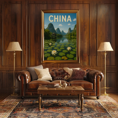 China Lotus Lake Mountains Pavilion Vintage Travel Poster