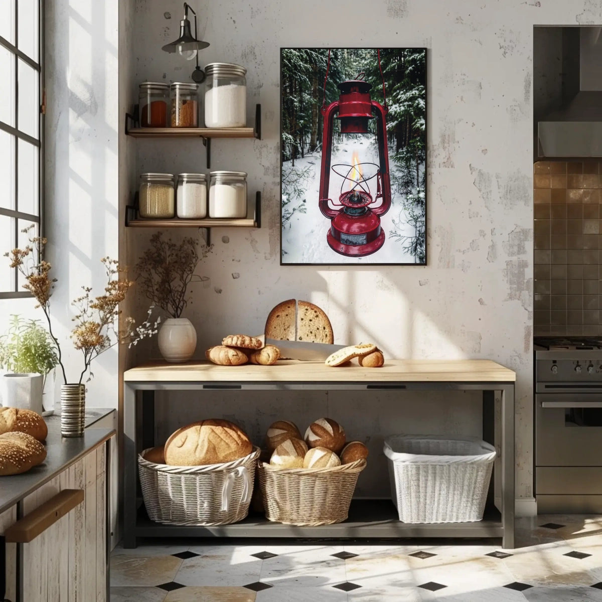 Red Lantern in Snowy Forest Adventure Travel Poster